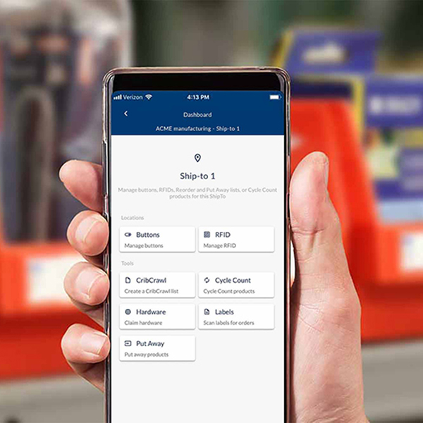 Smartphone showing a Fromm inventory app dashboard with RFID, cycle count, put away, and label scanning tools